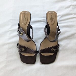 Y2K Brown Leather Strappy Sandals Mules Kitten Heels 11